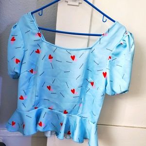 Baby blue with red hearts crop pemplum top💙